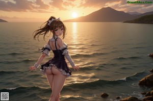 A woman in a maid outfit standing on a rock by the ocean.
