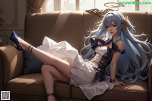A woman with long blue hair sitting on a couch.