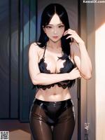 A woman in a black lingerie standing in front of a door.